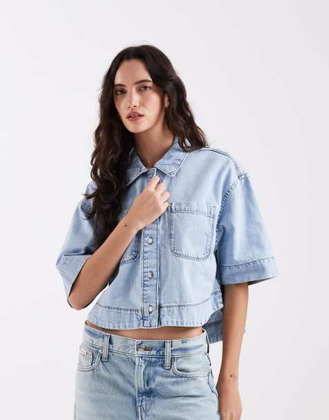 ONLY boxy cropped denim shirt in light wash blue - view 1