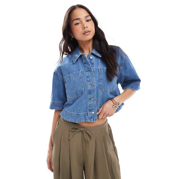 【X-girl】DENIM CROPPED SHIRT Women's Shirts Roll Up Sleeves Crop Tie Top Denim Shawl Jeans