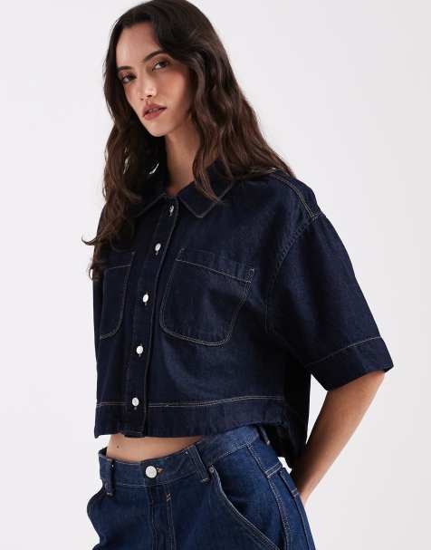ONLY boxy cropped denim shirt in rinsed dark blue - view 1