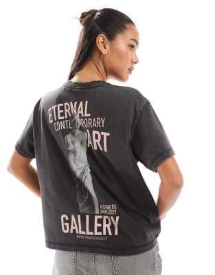 Only Boxy Fit T-shirt With Gallery Back Print In Washed Black