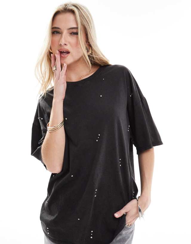 ONLY - boxy fit t-shirt with rhinestone in washed black