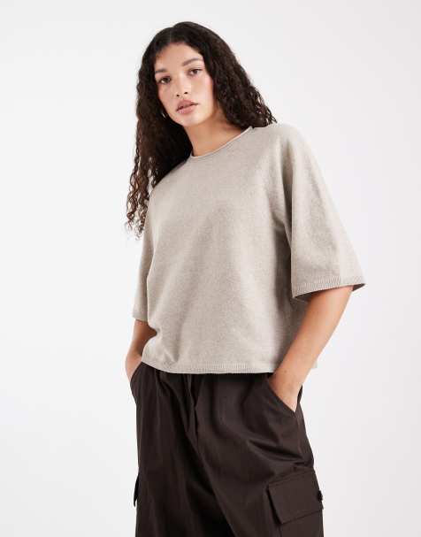 ONLY boxy knitted short sleeve top in beige