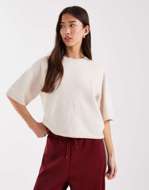 ONLY boxy knit short sleeve top in cream - view 1