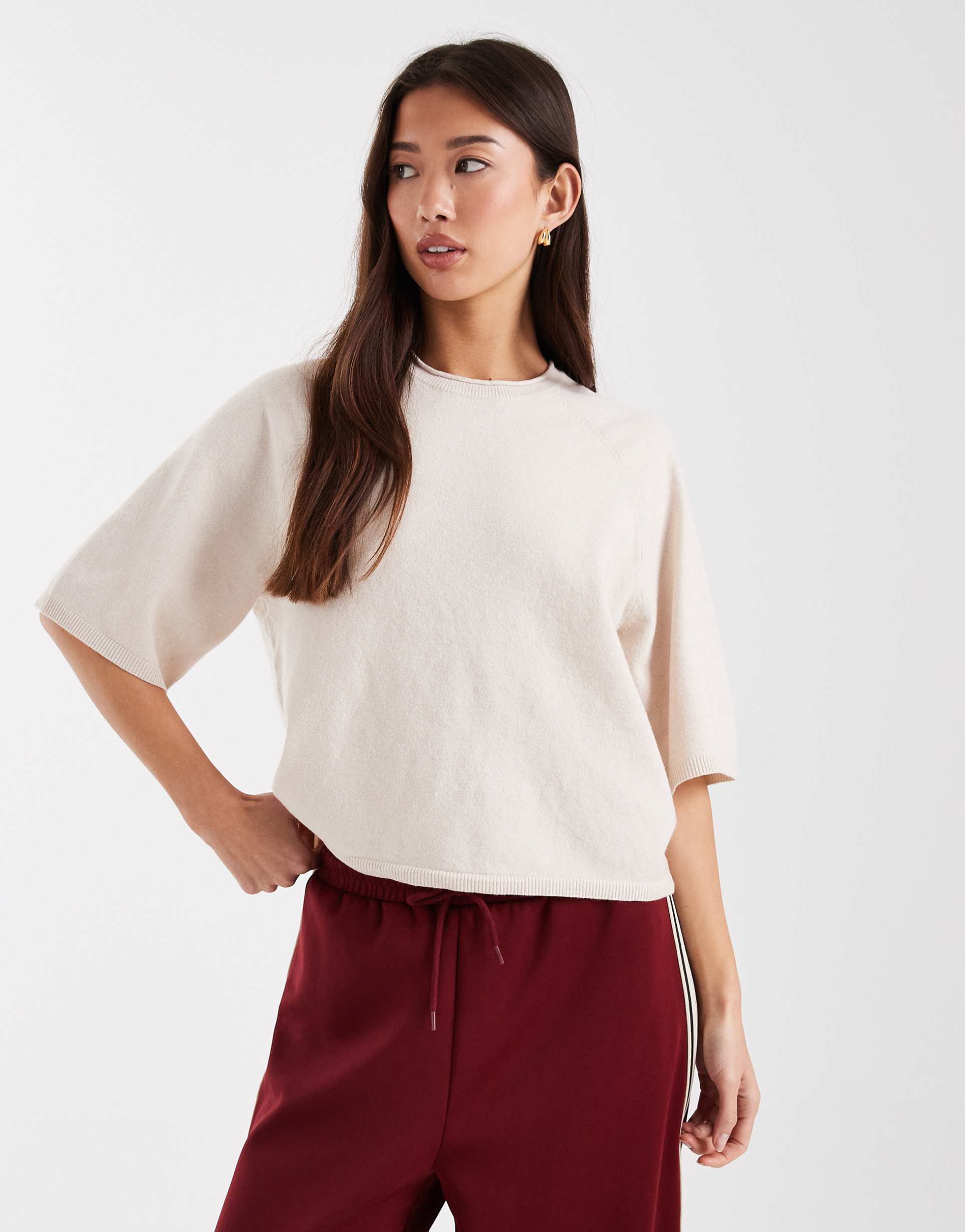 only boxy knit short sleeve top in cream