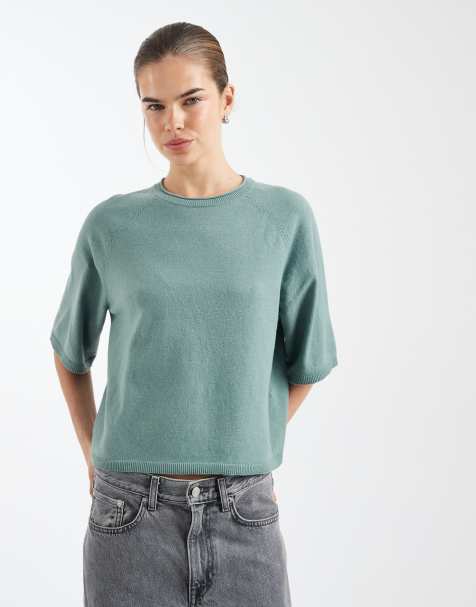 ONLY boxy knit short sleeve top in light green - view 1