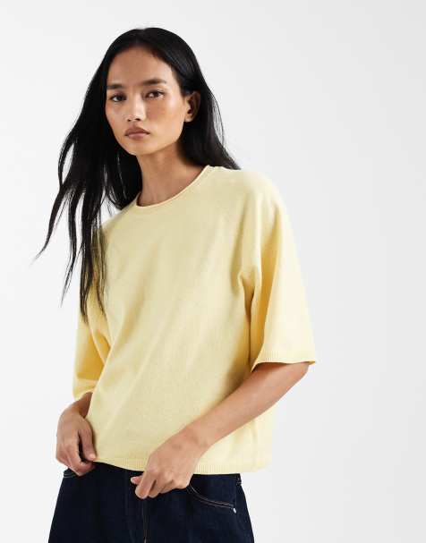 ONLY boxy knit short sleeve top in pale yellow - view 1