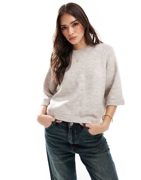 ONLY boxy knit T-shirt in beige - view 1