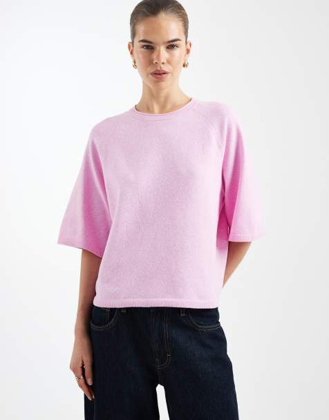 ONLY boxy knitted short sleeve top in pink - view 1