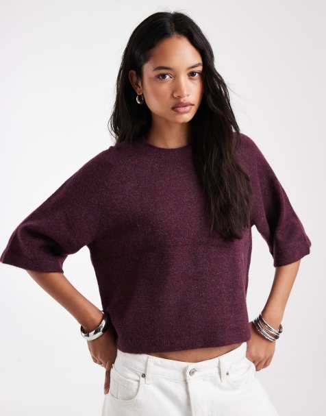 ONLY boxy knitted t-shirt in dark purple - view 1