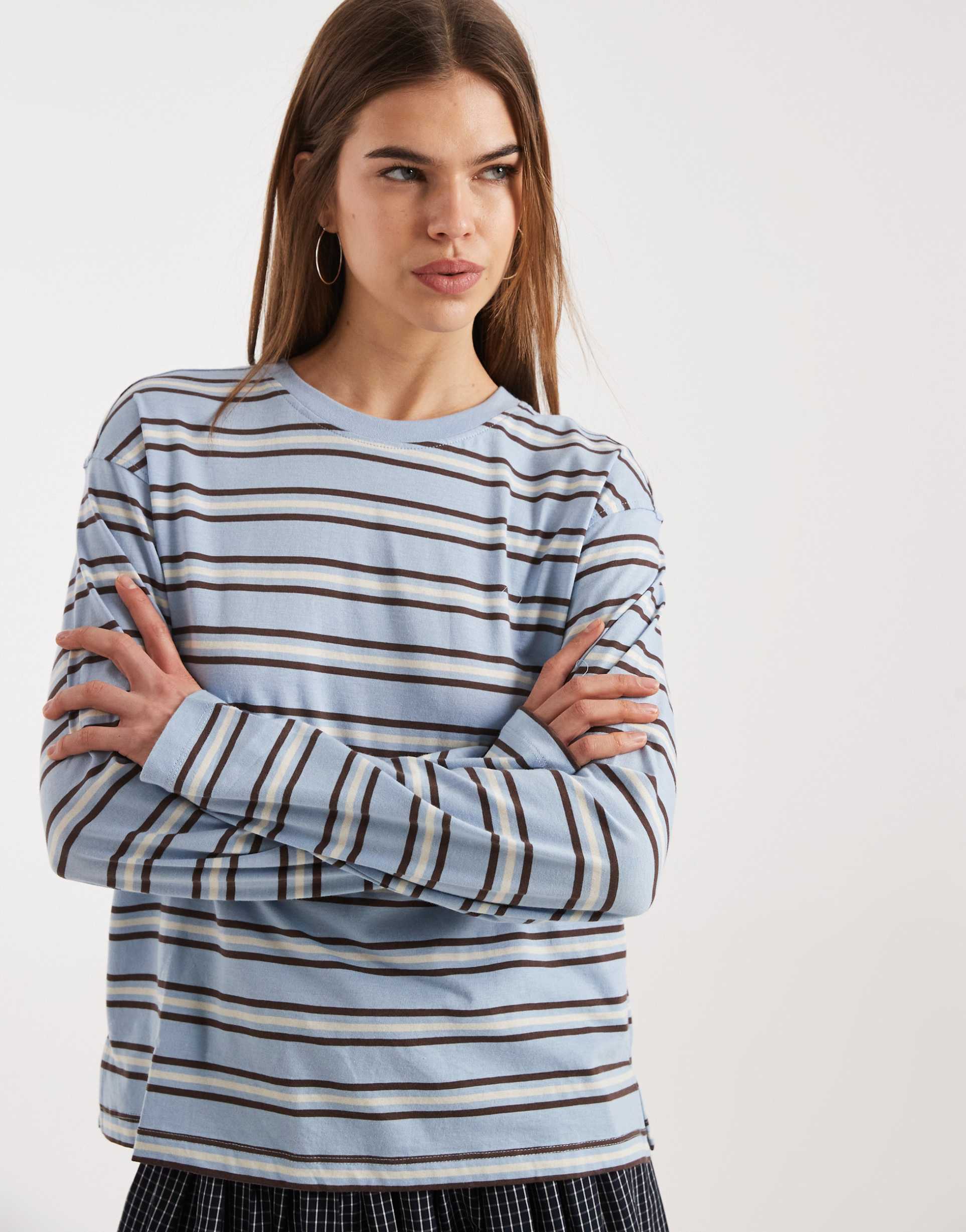only boxy long sleeve top in blue and chocolate cream stripes