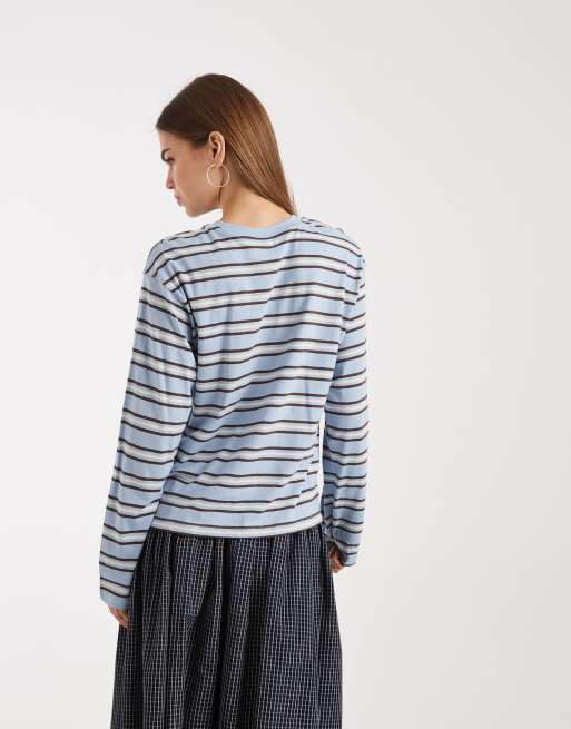 ONLY boxy long sleeve top in blue and chocolate cream stripes, 4 of 4