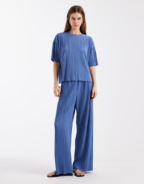 ONLY boxy plisse t-shirt co-ord in blue - view 1