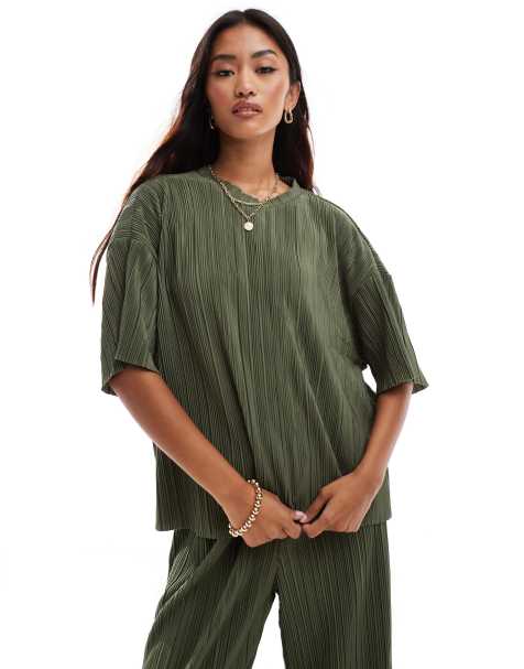 ONLY boxy plisse t-shirt co-ord in khaki - view 1