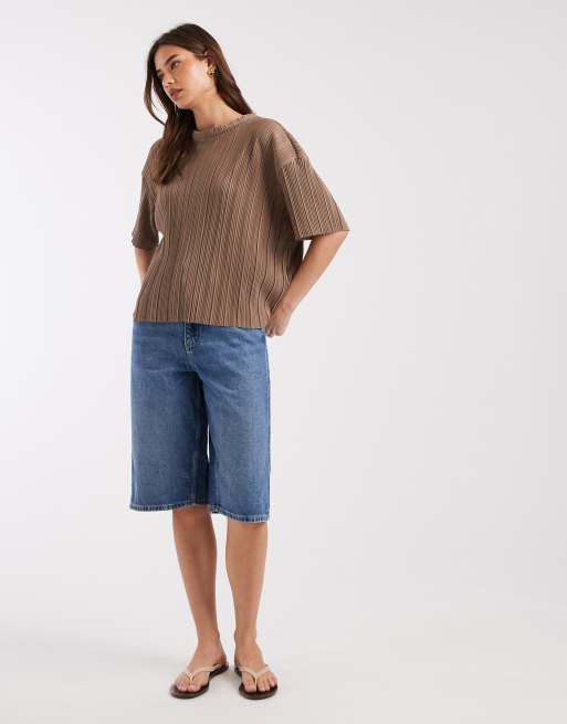 ONLY boxy plisse t-shirt co-ord in light brown, 4 of 4