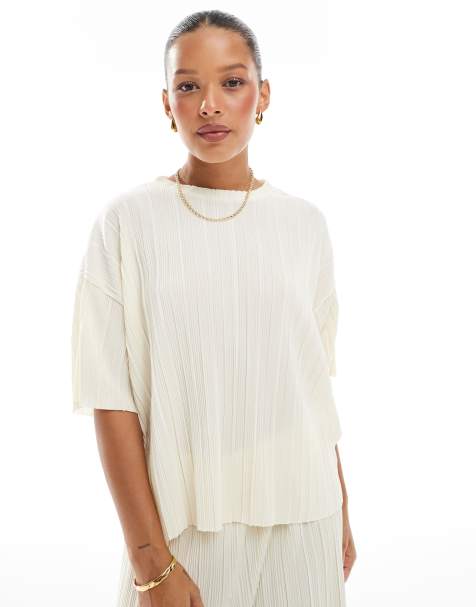 ONLY boxy plisse T-shirt in buttermilk - part of a set - view 1