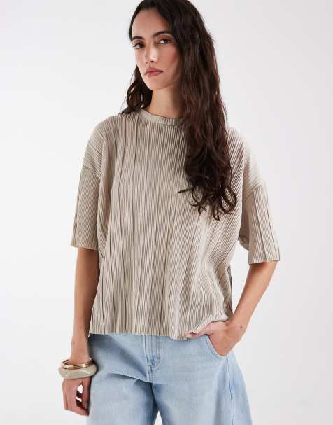 ONLY boxy plisse t-shirt in cream (part of a set) - view 1