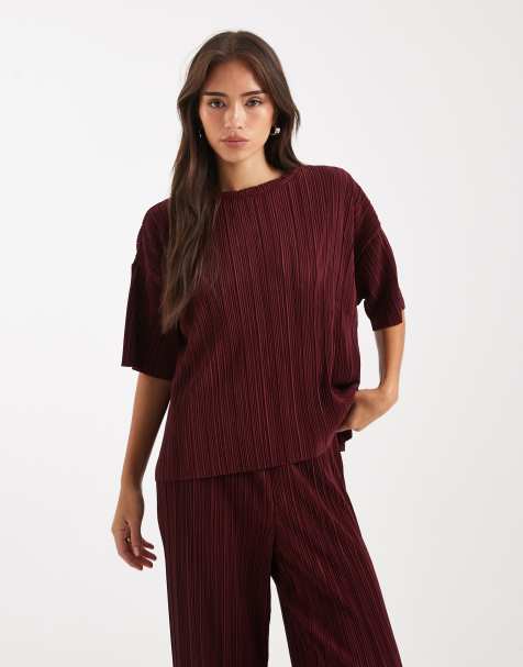 ONLY boxy plisse top co-ord in burgundy - view 1