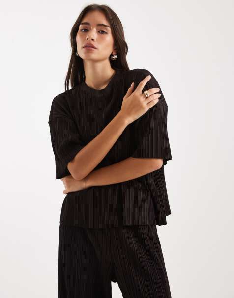 ONLY boxy plisse top co-ord in chocolate brown - view 1