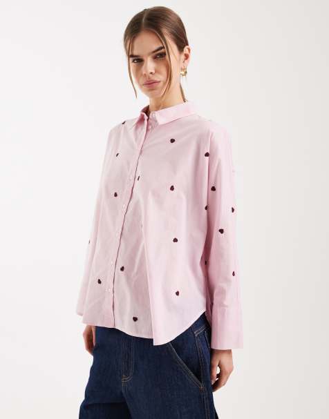 ONLY boxy shirt with heart embroidery in pink - view 1