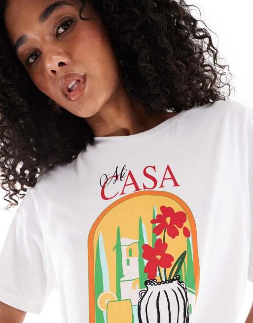 ONLY - Boxy T-shirt met grafische casaprint in wit, 4 van 4