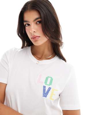 ONLY ONLY boxy t-shirt with love embroidery in white