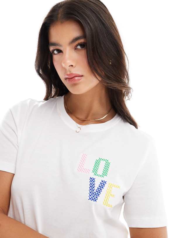 ONLY - boxy t-shirt with love embroidery in white