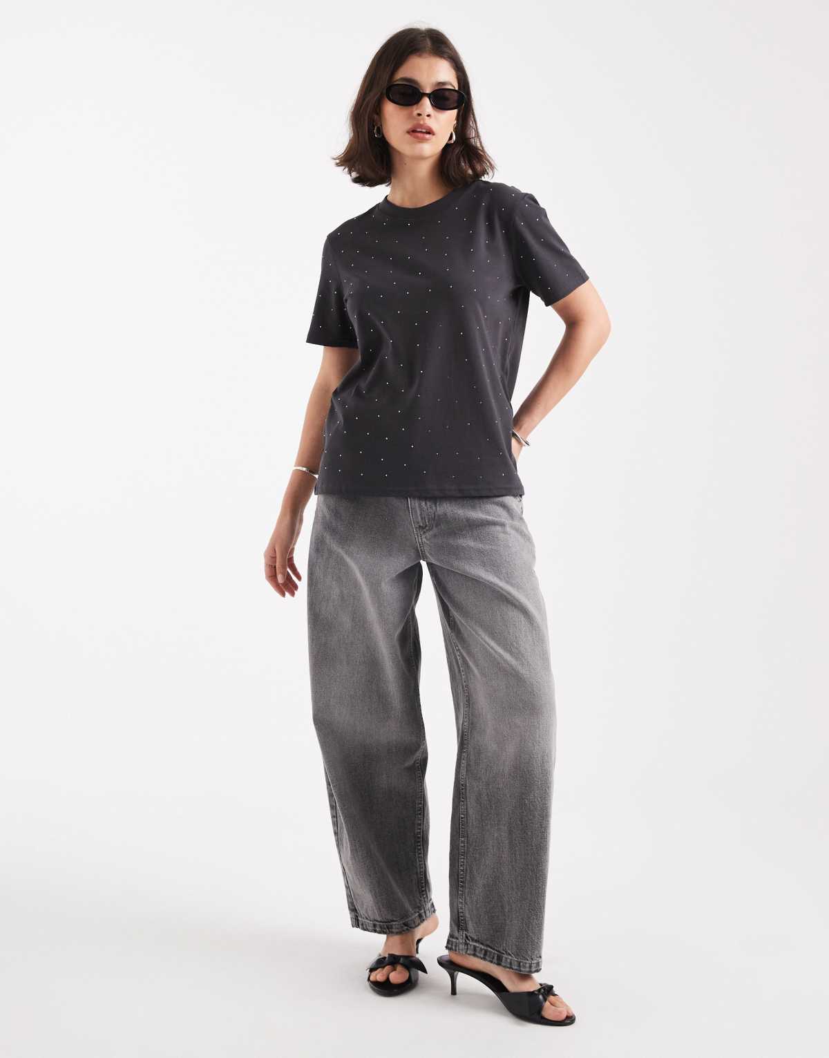 ONLY boxy t-shirt with rhinestones in charcoal