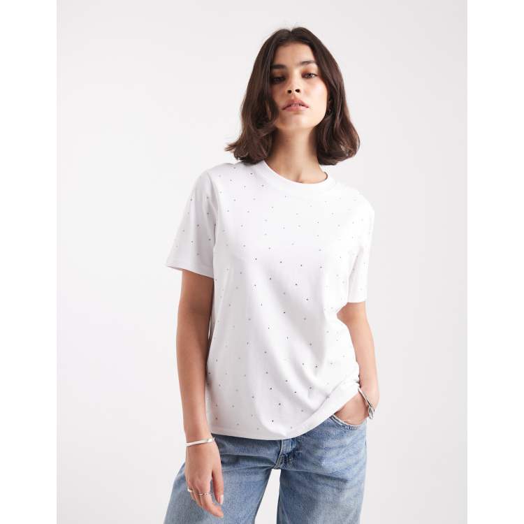 ONLY boxy T-shirt with rhinestones in white | ASOS