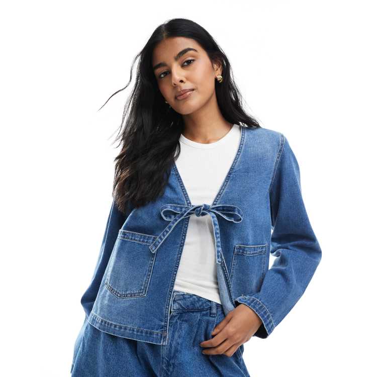 SeekMe Women's Denim Shirt Tie Front Crop Top - Chambray Button Down Cardigan, Dark Blue, X-Large