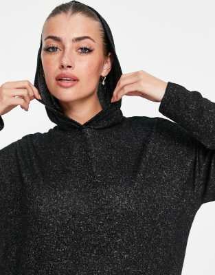 Only - Boxy top van jersey met lange mouwen en capuchon in donkergrijze melange