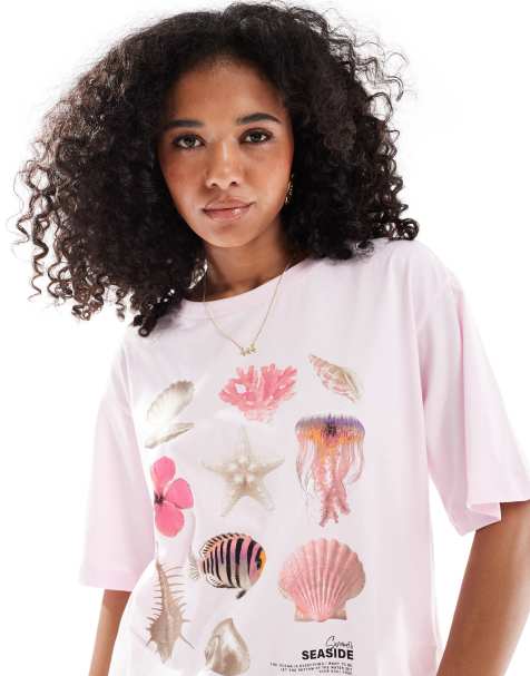 ONLY – Boyfriend-T-Shirt in Rosa mit Muscheln-Grafikmotiv - view 1