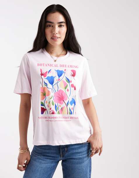 ONLY - Boyfriend T-shirt met grafische botanische print in roze - view 1