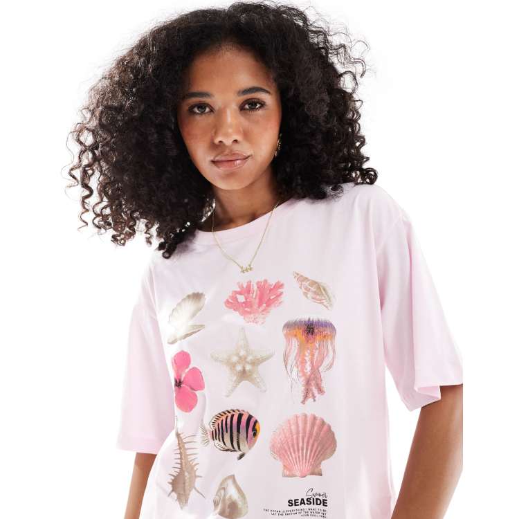 ONLY - Boyfriend T-shirt met grafische schelpen-print in roze | ASOS