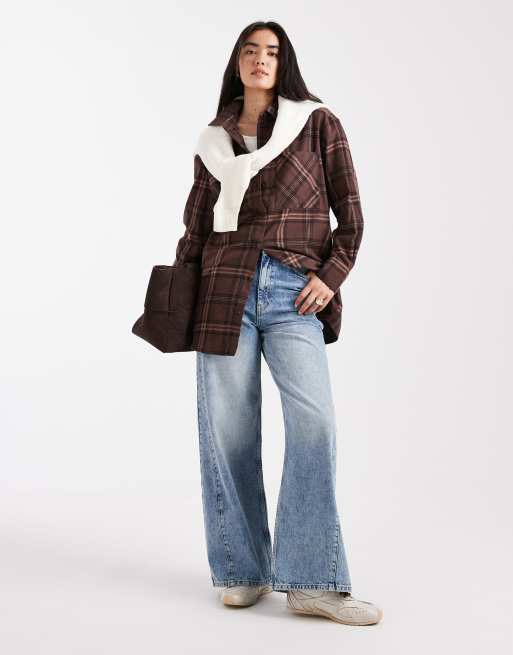 Only – Brązowa flanelowa koszula oversize w kratę, 2 z 4