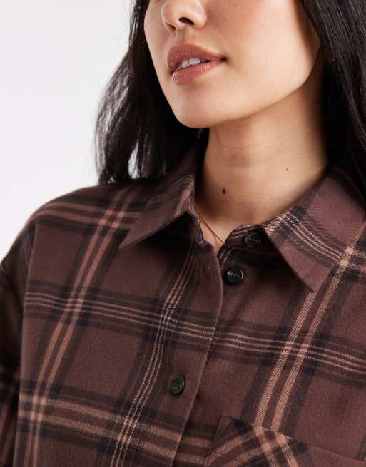 Only – Brązowa flanelowa koszula oversize w kratę, 4 z 4