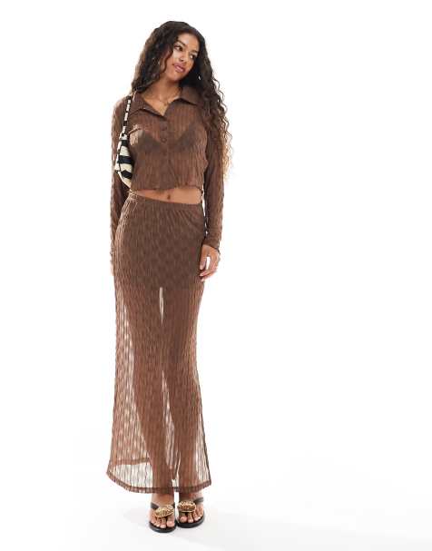ONLY textured sheer maxi skirt co-ord in brown