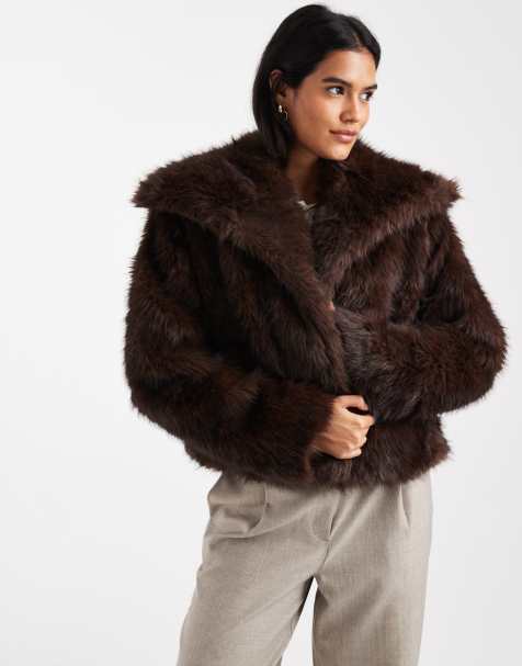 ONLY faux fur oversized collar jacket in chocolate