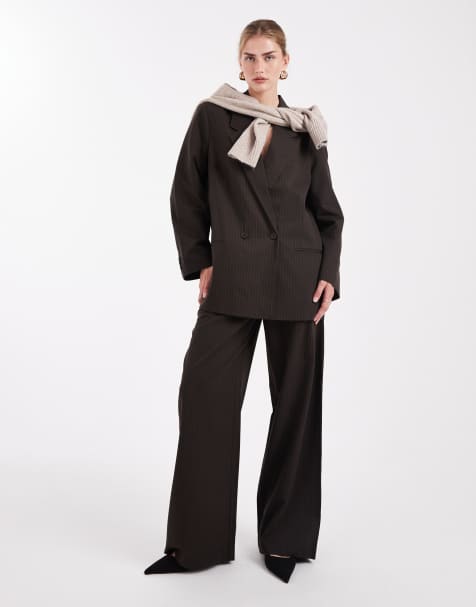 ONLY low waist wide leg tailored trousers co-ord in brown pinstripe