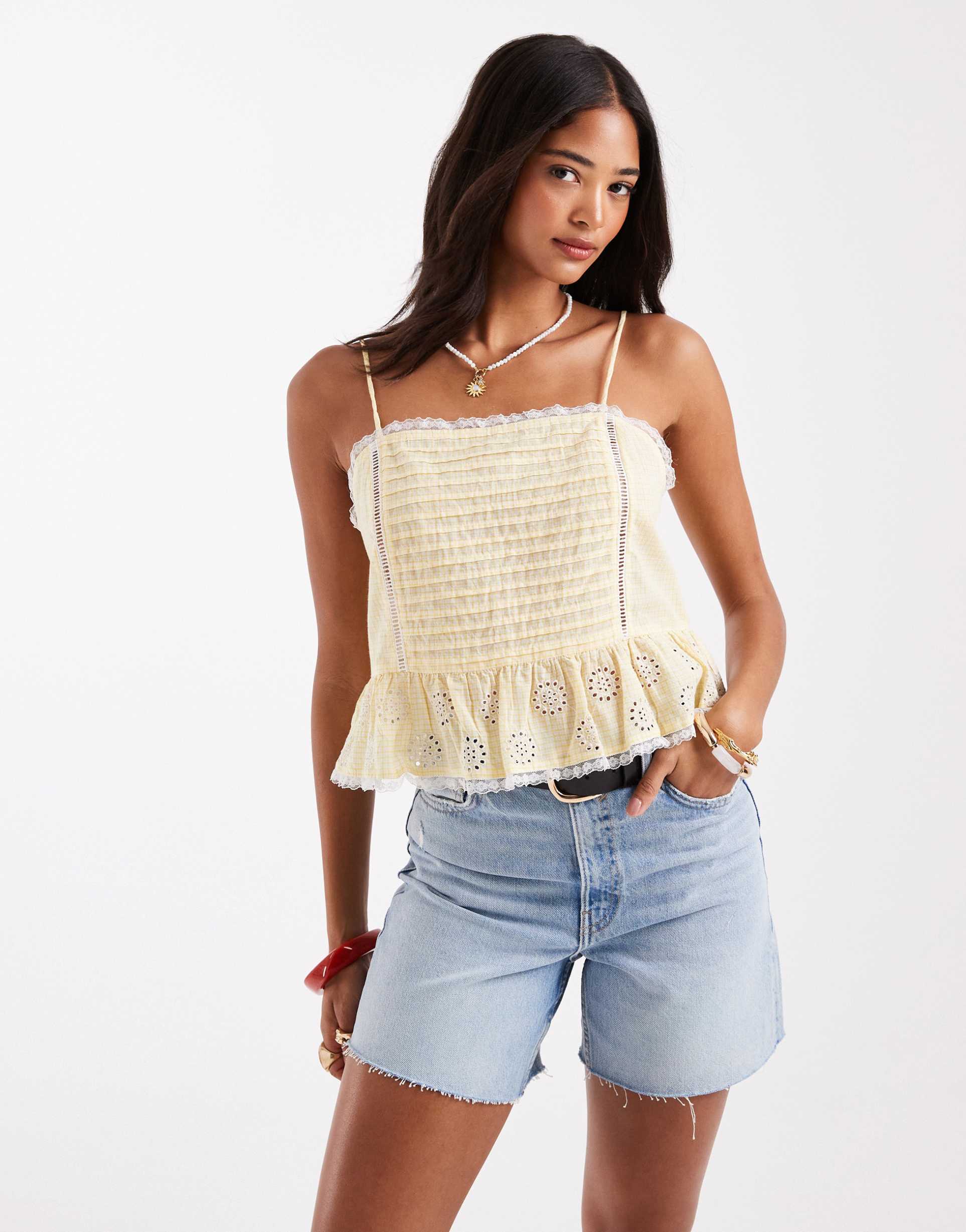 only broderie crop cami in lemon gingham with lace trim