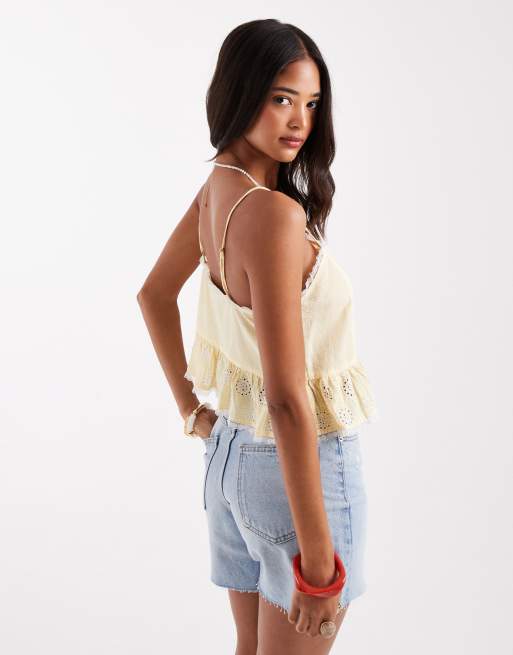 ONLY broderie crop cami in lemon gingham with lace trim, 4 of 4