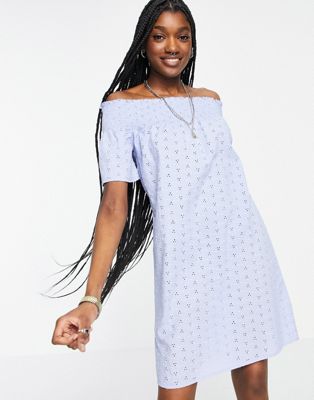 Only broderie off the shoulder mini dress in blue