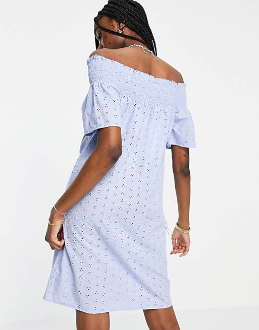 Dresses Only broderie off the shoulder mini dress in blue 