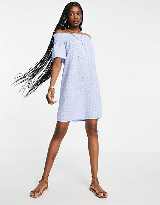 Dresses Only broderie off the shoulder mini dress in blue 