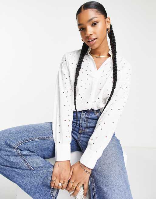 ASOS DESIGN relaxed eyelet shirt with dipped hem in white