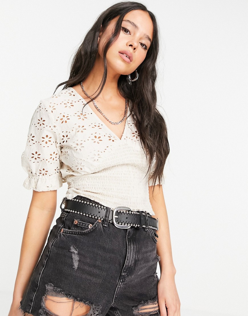 Only broderie top with shirring in stone-Neutral