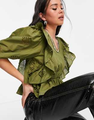 Only broderie top with v-neck and frill detail in olive - ASOS Price Checker