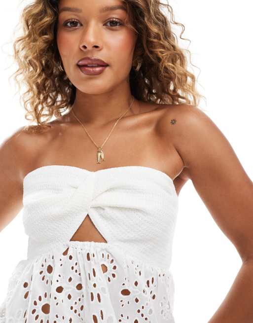 ONLY broderie twist front bandeau top in white, 3 of 4