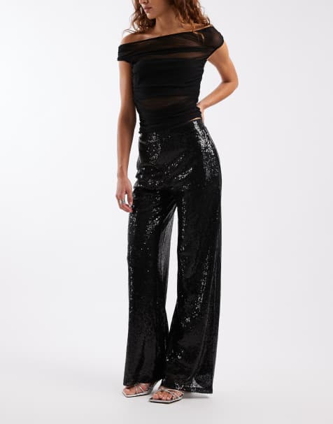 ONLY - Broek met hoge elastische taille en lovertjes in zwart - view 1