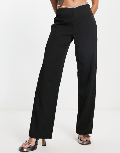Only - Broek met hoge taille en buikketting met diamantjes in zwart