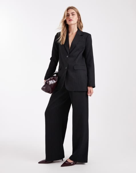 Only - Broek met hoge taille, krijtstreep en wijde pijpen in zwart, deel van co-ord set - view 1